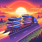 Illustration of an open boat transport trailer driving on a highway during sunset.
